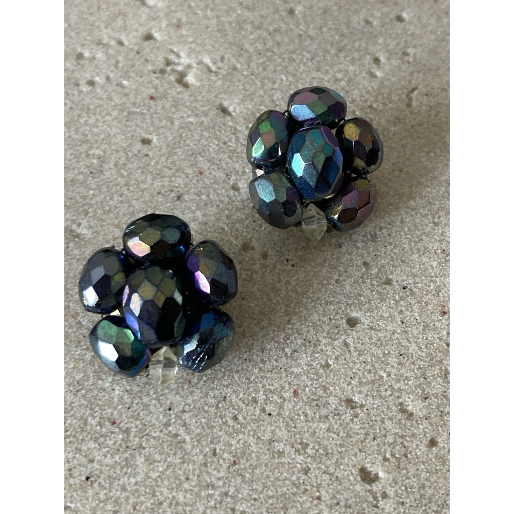 Vintage Clip On Cluster Earrings Faceted Aurora Borealis Bead Black Purple Blue